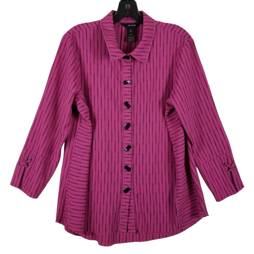 Ali Miles Womens Magenta Pink Striped Button Front Lace Up Back Tunic Top Size M
